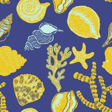Seamless nautical pattern with hand painted shells and starfish in expressive Stock Illustration