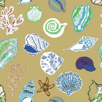 Seamless nautical pattern with hand painted shells and starfish in expressive 스톡 일러스트