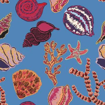 Seamless nautical pattern with hand painted shells and starfish in expressive Stock Illustration