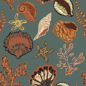 Seamless nautical pattern with hand painted shells and starfish in expressive Stock Illustration