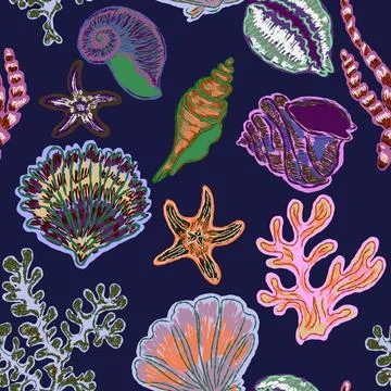 Seamless nautical pattern with hand painted shells and starfish in expressive Stock Illustration