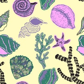 Seamless nautical pattern with hand painted shells and starfish in expressive Stock Illustration