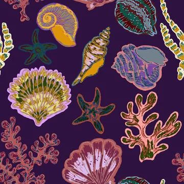 Seamless nautical pattern with hand painted shells and starfish in expressive Stock Illustration