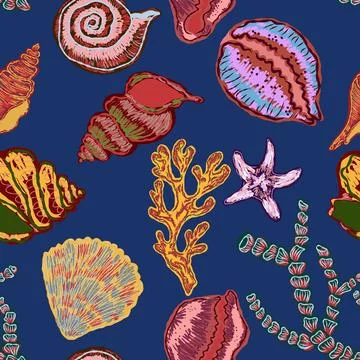 Seamless nautical pattern with hand painted shells and starfish in expressive Stock Illustration