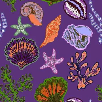 Seamless nautical pattern with hand painted shells and starfish in expressive Stock Illustration