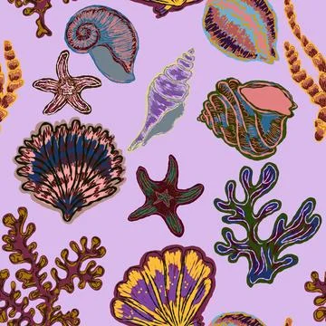 Seamless nautical pattern with hand painted shells and starfish in expressive Stock Illustration