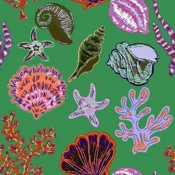 Seamless nautical pattern with hand painted shells and starfish in expressive Stock Illustration