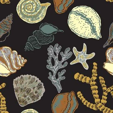 Seamless nautical pattern with hand painted shells and starfish in expressive Stock Illustration