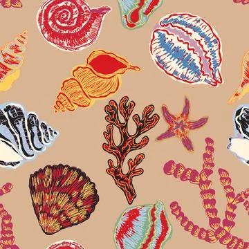 Seamless nautical pattern with hand painted shells and starfish in expressive Illustrazione stock