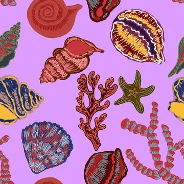 Seamless nautical pattern with hand painted shells and starfish in expressive Stock Illustration