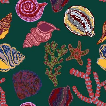 Seamless nautical pattern with hand painted shells and starfish in expressive 스톡 일러스트