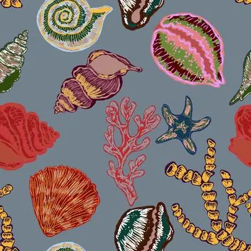 Seamless nautical pattern with hand painted shells and starfish in expressive Stock Illustration