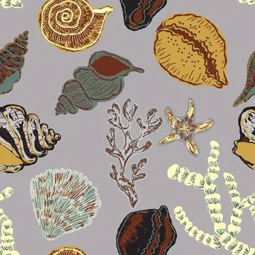 Seamless nautical pattern with hand painted shells and starfish in expressive Stock Illustration
