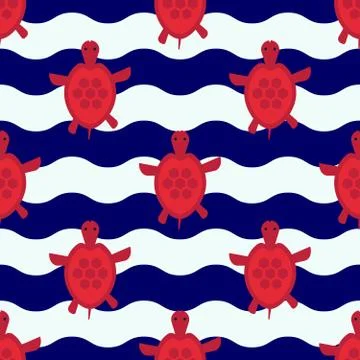 Seamless nautical pattern with little red turtles 스톡 일러스트