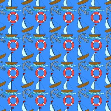 Seamless Nautical Pattern with Sailboats and Anchors Stockillustratie