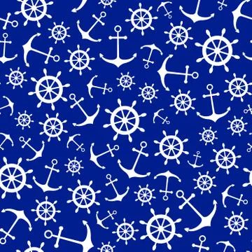 Seamless nautical pattern with scattered white anchors and ship Stock Illustration