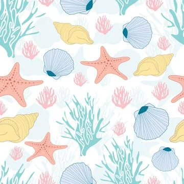 Seamless nautical pattern with seashells, coral, and starfish Illustrazione stock