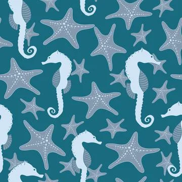 Seamless nautical pattern with starfish and seahorse on blue background Stock Illustration