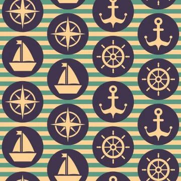 Seamless nautical pattern with steering wheels, ships, anchors, roses of wind Stock Illustration