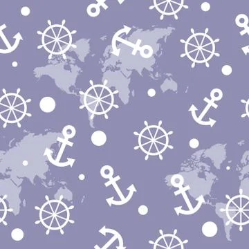 Seamless nautical pattern with white anchors and ship wheels Stock Illustration