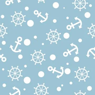 Seamless nautical pattern with white anchors and ship wheels Stock Illustration