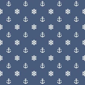 Seamless nautical pattern with white anchors and ship wheels. Blue background Stock Illustration