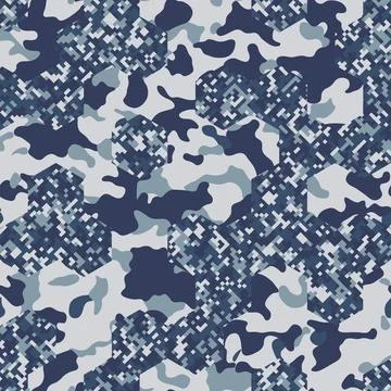 Seamless navy camouflage pattern with Pixel and Spots mixed Hex effect イラスト素材