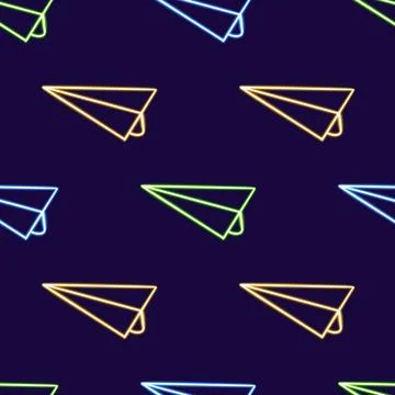Seamless Neon Paper Airplane Pattern, Luminous Message Symbols. glowing desktop Stock Illustration