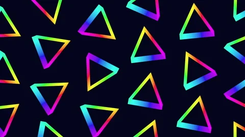 Seamless neon rainbow triangle pattern on dark background for modern motion Stock Footage 334139440