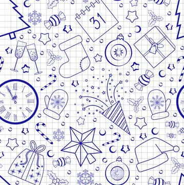 Seamless new year pattern blue doodles on checkered paper Stock Illustration