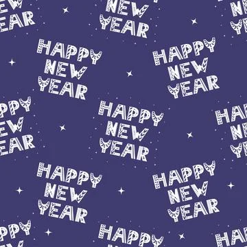 Seamless New Year pattern. Decorative white lettering Happy New Year text w.. Stock Illustration