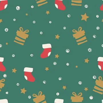 Seamless New Year pattern with gifts and a Christmas sock Stock Illustration