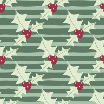 Seamless new year pattern with mistletoe xmas branches. Stripped background.  Stock Illustration