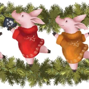 Seamless new year pattern. Piglets in sweaters with spruce Christmas garland Stock Illustration