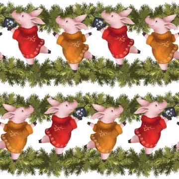 Seamless new year pattern. Piglets in sweaters with spruce Christmas garland Stock Illustration