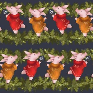 Seamless new year pattern. Piglets in sweaters with spruce Christmas garland Stock Illustration
