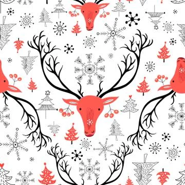 Seamless New Year pattern with red portraits of deer Stock Illustration