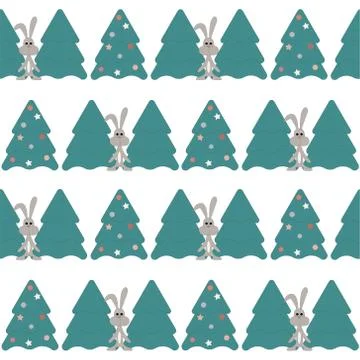 Seamless New Year s pattern with fir trees and hares. Stock Illustration