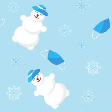 Seamless new year vector pattern with snowman medical mask and snowflakes Stock Illustration