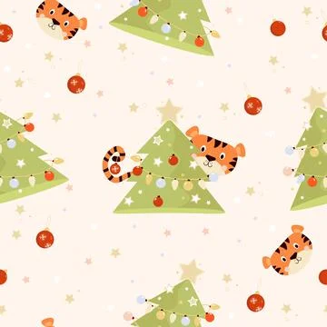 Seamless New Years pattern. Tiger and Christmas tree with balls and garlands on  스톡 일러스트