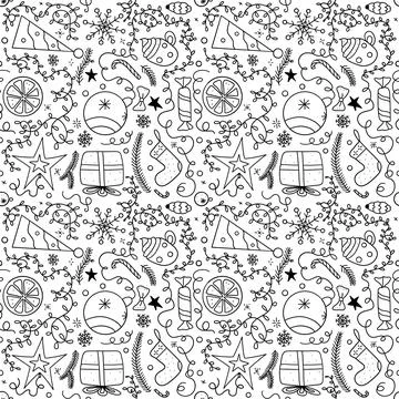 Seamless New Years winter pattern on a white background. Gifts, garlands, stars Stock Illustration