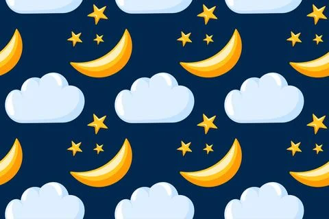 Seamless night sky pattern with cartoon style moon star and cloud on dark Stock Illustration