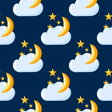 Seamless night sky pattern with crescent moon, star and fluffy cloud on a dark Stock Illustration