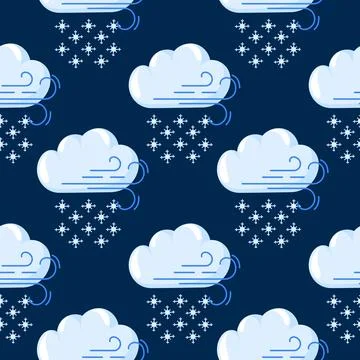 Seamless night sky pattern with fluffy cloud, wind and snowflake on a dark blue Stock Illustration