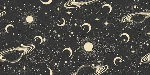 Seamless night space pattern with planets, sun and clouds on a black starry Stock Illustration