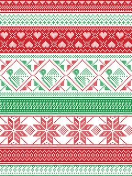Seamless Nordic Christmas  pattern with robin in green and red Stock Illustration