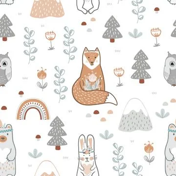 Seamless nursery pattern with forest animals. Kids cute print in boho or Stock Illustration