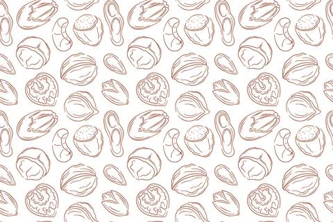 Seamless nut pattern in line art style. Almond, walnut, cashew, hazelnut Stock Illustration