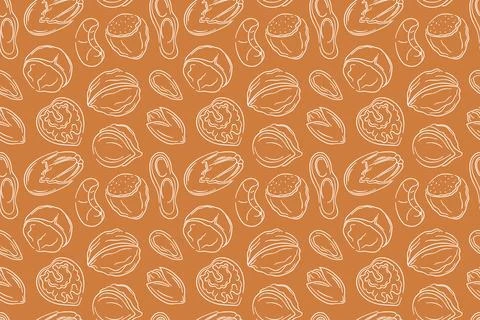 Seamless nut pattern in line art style on brown background. Almond, walnut Illustrazione stock