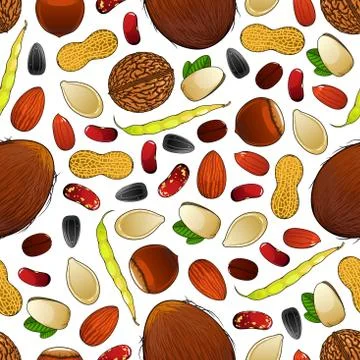 Seamless nuts, beans and seeds pattern background Illustrazione stock